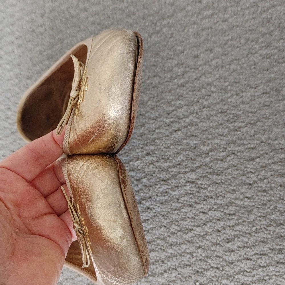 Prada Metallic Gold Leather Ballet Flats with Logo - Picture 10 of 15
